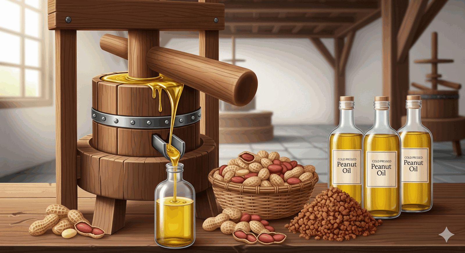 Cold Pressed Groundnut Oil Production Using Wooden Press With Peanuts, Oil Bottles, And Peanut Cake Byproducts