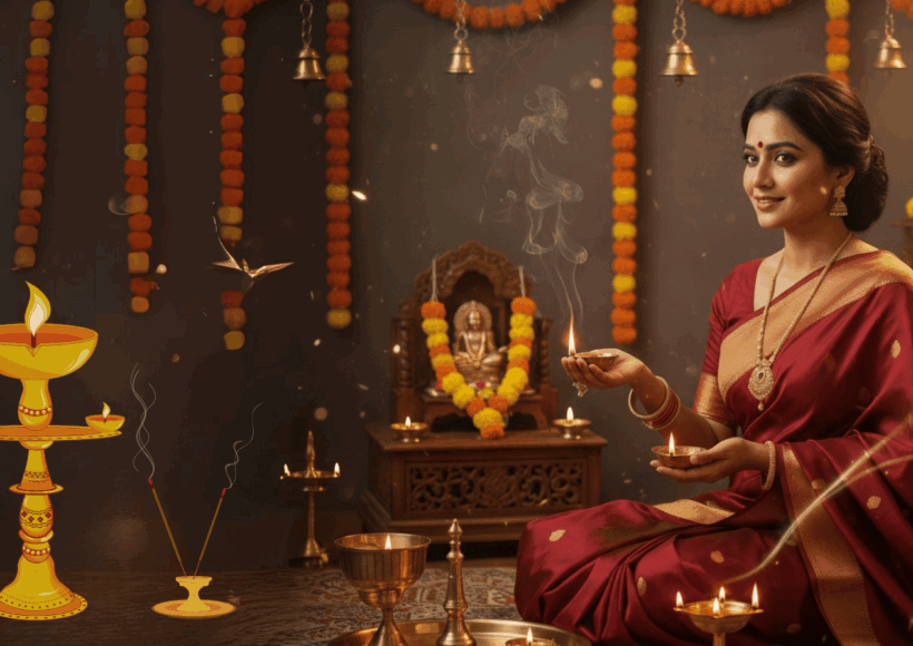 Traditional Indian Woman Lighting A Deepak With Mahua, Arand, Mustard, And Panchdeep Oils During Prayer Ritual.