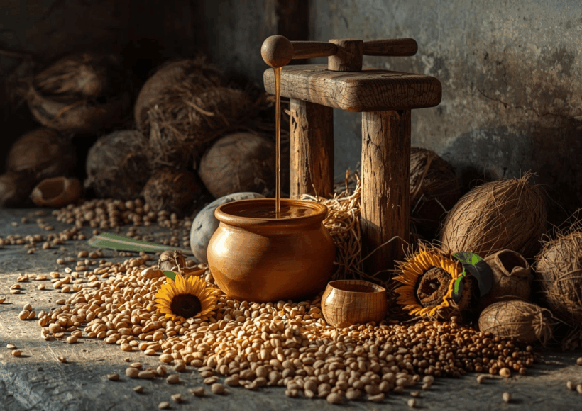 कोल्ड प्रेस्ड तेल मराठीत! कोल्ड प्रेस्ड तेल म्हणजे काय? 4 A Kitchen Scene With A Salad Bowl, Sautéed Vegetables, And Paratha, With A Wooden Spoon Pouring Golden Cold Pressed Oil. Fresh, Natural, Homely Atmosphere.