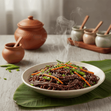 Karuppu Kavuni Rice Noodles made from black kavuni rice, served with fresh vegetables and sesame seeds