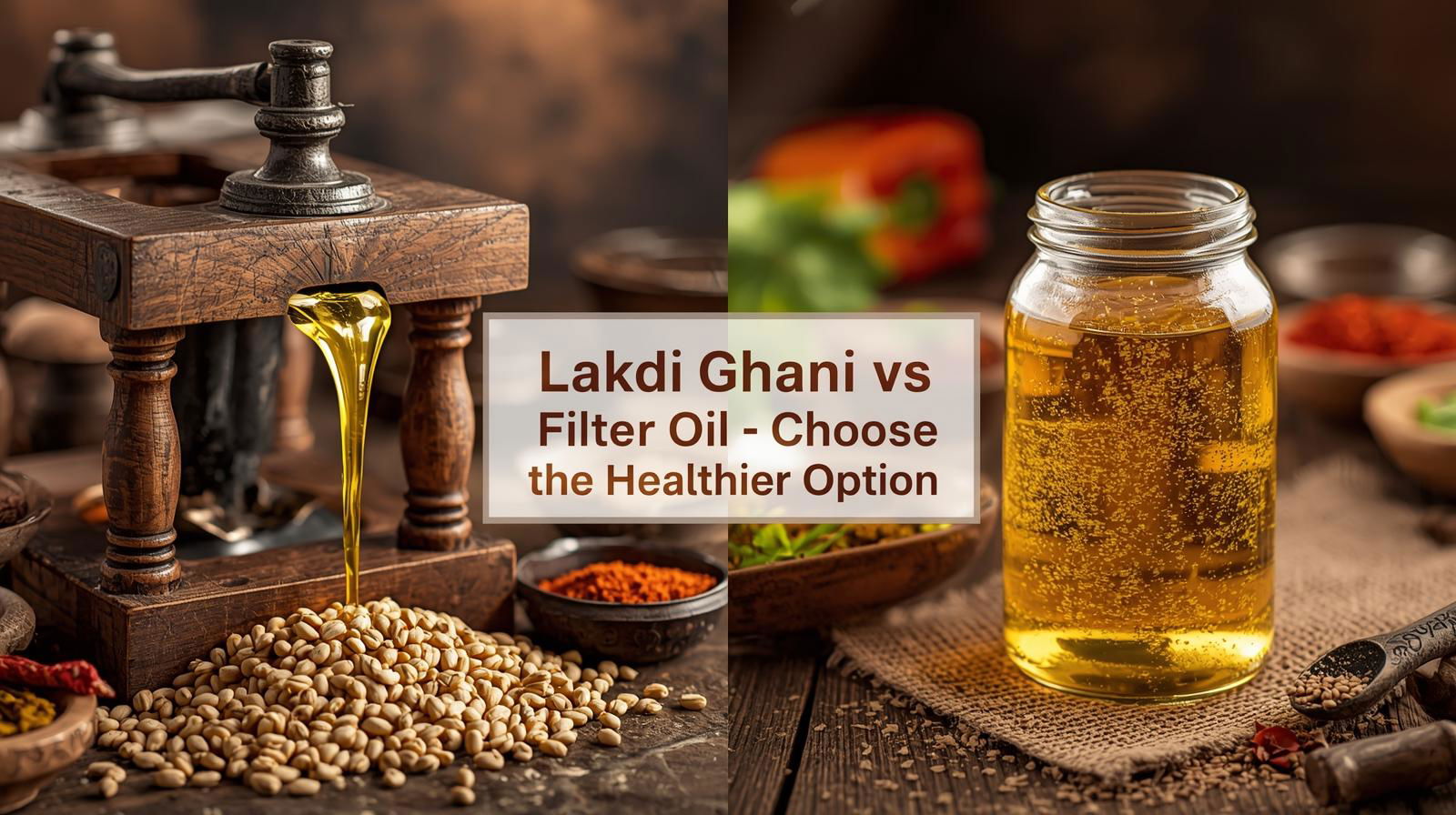 लाकडी घाणा तेल विरुद्ध फिल्टर तेल 1 लाकडी घाणा तेल विरुद्ध फिल्टर तेल तुलना – नैसर्गिक चव, सुगंध आणि आरोग्य फायदे | Lakdi Ghani Oil Vs Filter Oil – Healthier Choice For Cooking