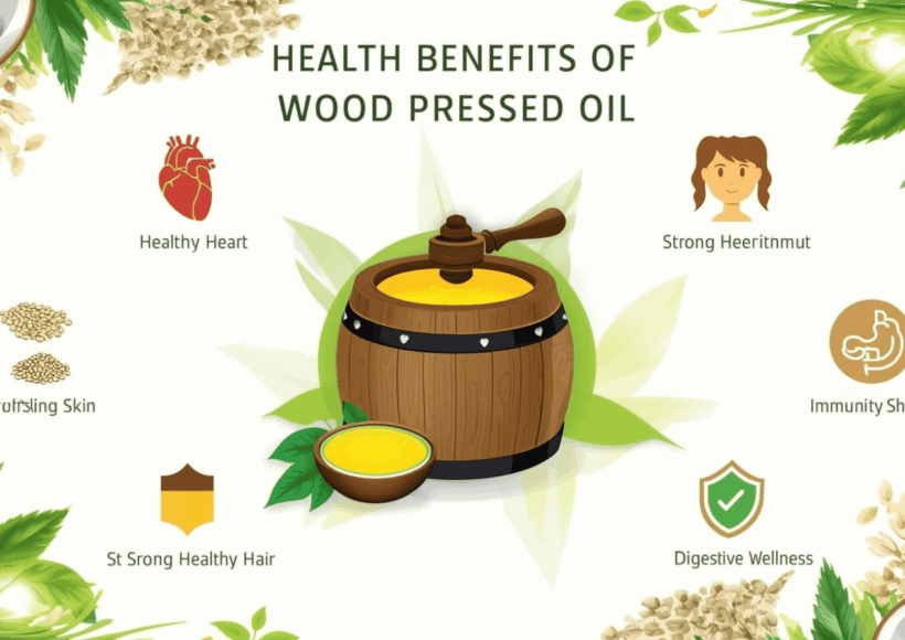 लाकडी घाणा तेल: आरोग्य आणि फायदे याबद्दल अंतिम मार्गदर्शक 6 Wood Pressed Oil With Traditional Chekku Press And Icons Showing Health Benefits Like Heart Health, Glowing Skin, Strong Hair, Immunity, And Digestion.