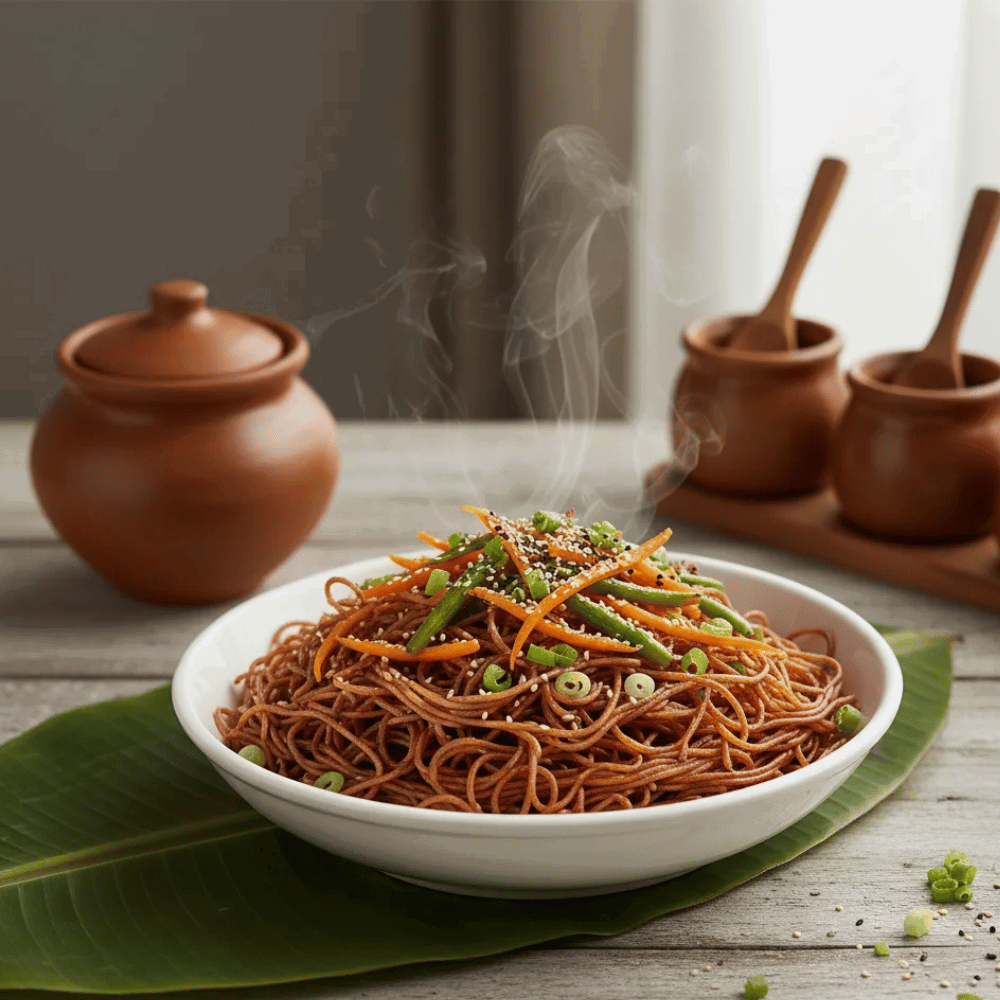 Mapillai Samba Rice Noodles made from traditional red rice, healthy and rich in nutrients, served with vegetables