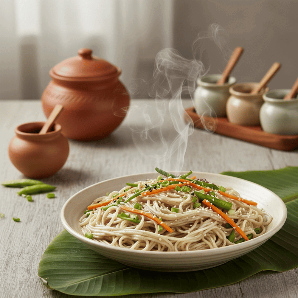 Ponni Hand Pound Rice Noodles made from traditional ponni rice, light and healthy, served with vegetables