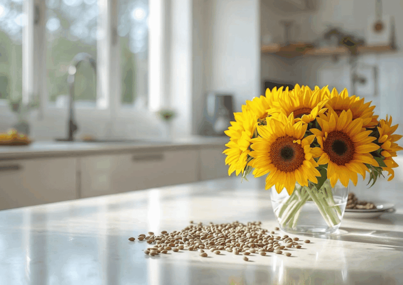 सूर्यफुल तेल – आरोग्यासाठी चांगले की वाईट? 9 Bright Kitchen Dining Table Scene With Sunflower Oil Bottle, Bowl Of Sunflower Seeds, And Fresh Yellow Sunflower Flowers In Vase – Natural Healthy Lifestyle Vibe
