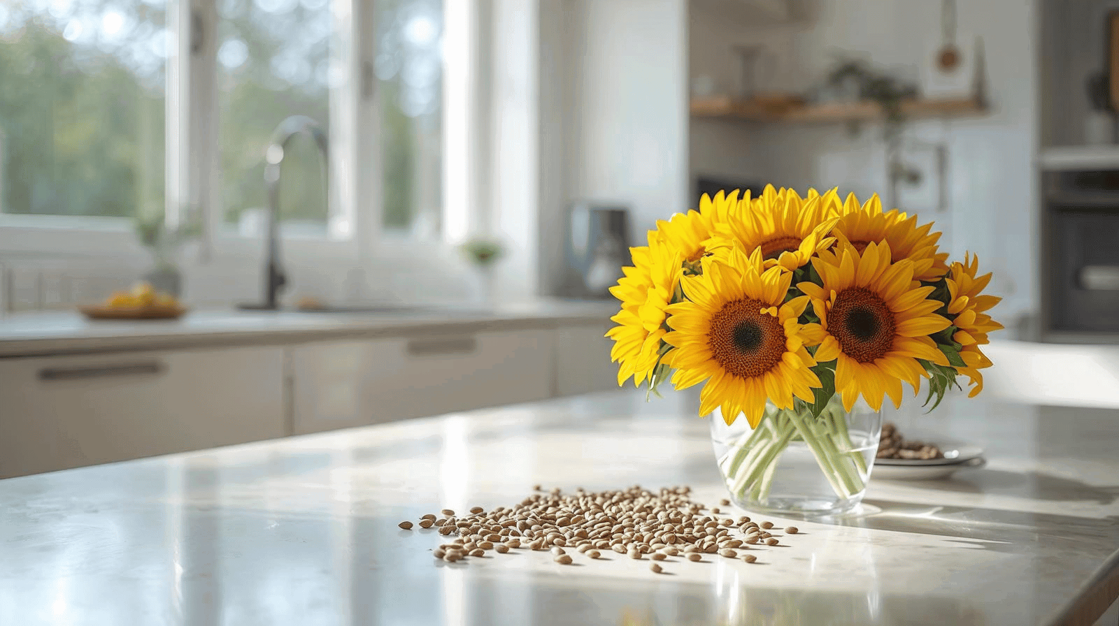 सूर्यफुल तेल – आरोग्यासाठी चांगले की वाईट? 1 Bright Kitchen Dining Table Scene With Sunflower Oil Bottle, Bowl Of Sunflower Seeds, And Fresh Yellow Sunflower Flowers In Vase – Natural Healthy Lifestyle Vibe