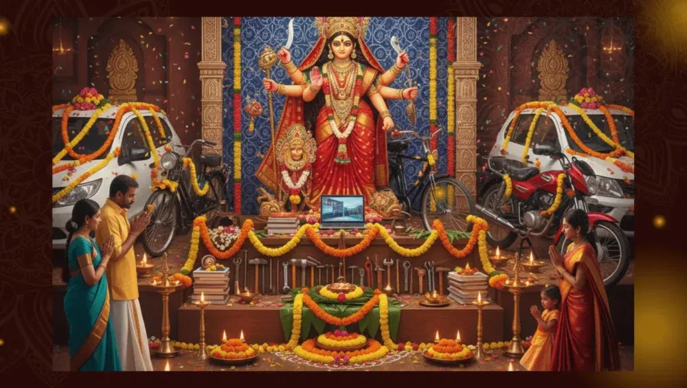 Why People Use Coldpressed Oil Or Ghee During Ayudha Pooja And Vijayadashami 5 Ayudha Pooja And Vijayadashami Celebration With Decorated Tools, Lamps, And Goddess Idol