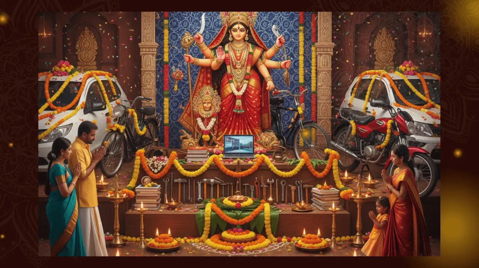 Why People Use Coldpressed Oil Or Ghee During Ayudha Pooja And Vijayadashami 1 Ayudha Pooja And Vijayadashami Celebration With Decorated Tools, Lamps, And Goddess Idol