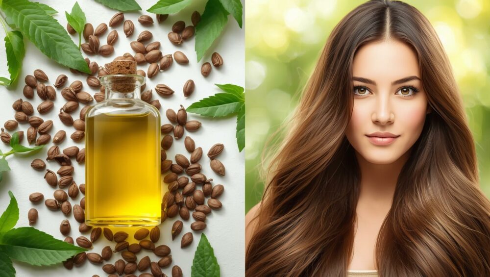 केसांच्या वाढीसाठी अरंडीचे तेल कसे वापरावे – पूर्ण मार्गदर्शक 5 Bottle Of Castor Oil With Castor Seeds And A Person Showing Long, Thick, Shiny Hair, Representing Natural Hair Growth And Healthy Hair Care