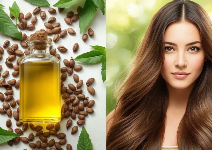 Bottle Of Castor Oil With Castor Seeds And A Person Showing Long, Thick, Shiny Hair, Representing Natural Hair Growth And Healthy Hair Care