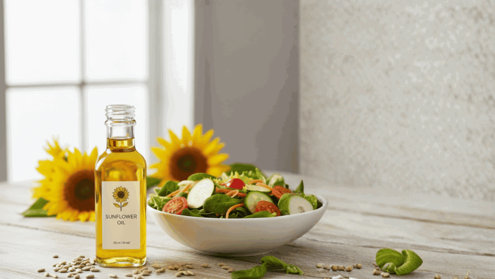 Cold Pressed Suryaphool Tel In Glass Bottles With Sunflower Seeds And Flowers, Showing Natural, Pure, And Unrefined Oil For Wholesale Buyers And Manufacturers.