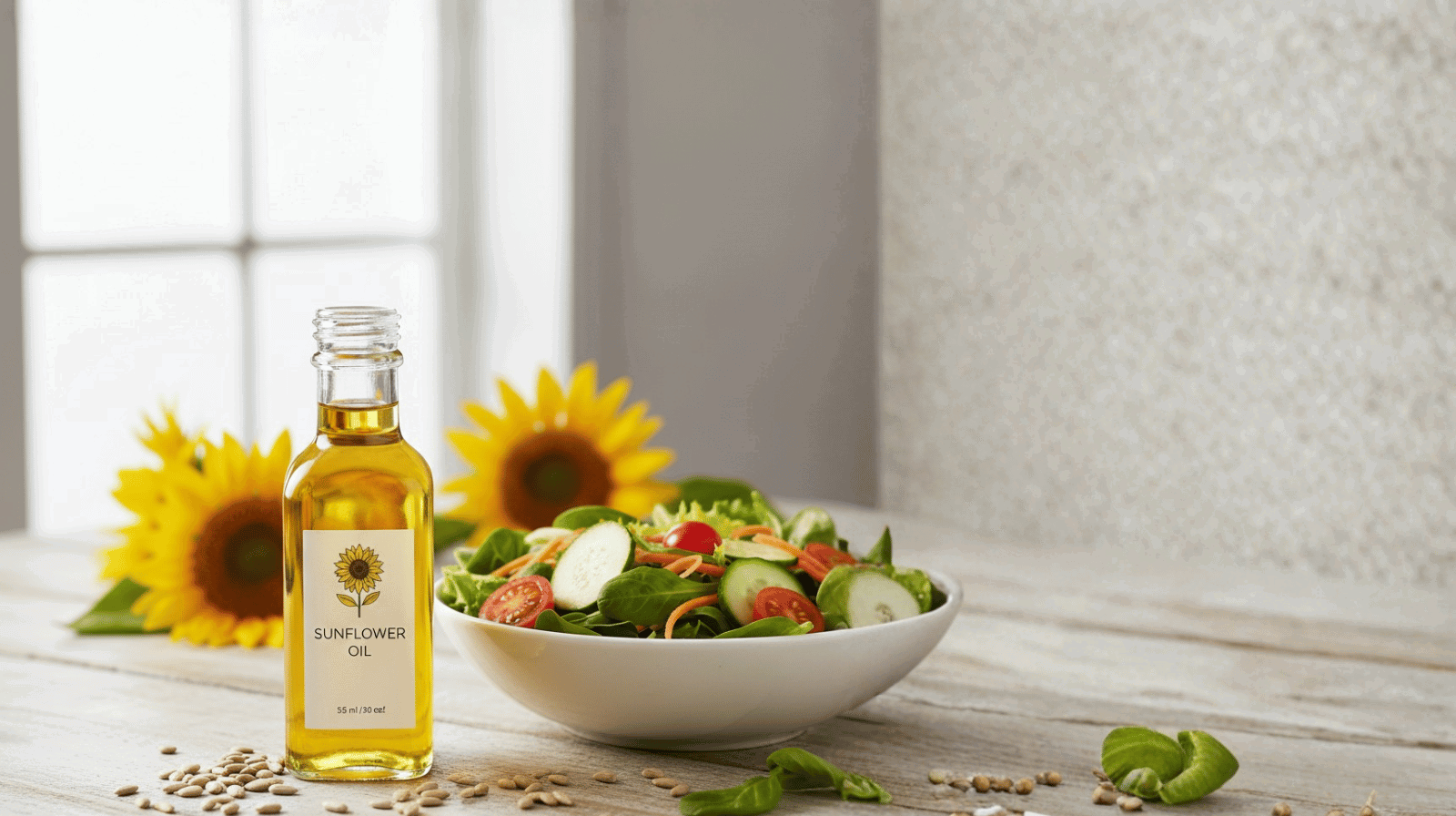 कोल्ड-प्रेस्ड सूर्यफूल तेल – निर्माता आणि होलसेल पुरवठादार 1 Cold Pressed Suryaphool Tel In Glass Bottles With Sunflower Seeds And Flowers, Showing Natural, Pure, And Unrefined Oil For Wholesale Buyers And Manufacturers.