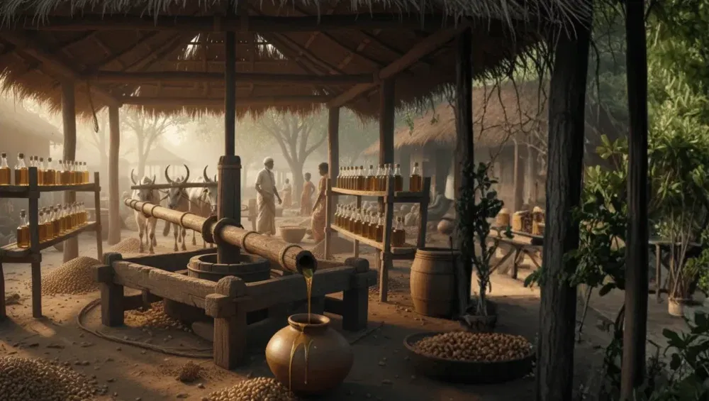 शेंगदाणा तेल व्यवसाय कसा सुरू करावा? – संपूर्ण मार्गदर्शक 17 Premium Cold-Pressed Peanut Oil In Glass Bottles, Rustic Wooden Press And Barrels, Golden Oil From Fresh Peanuts, Artisanal, Organic, Healthy, And Pure