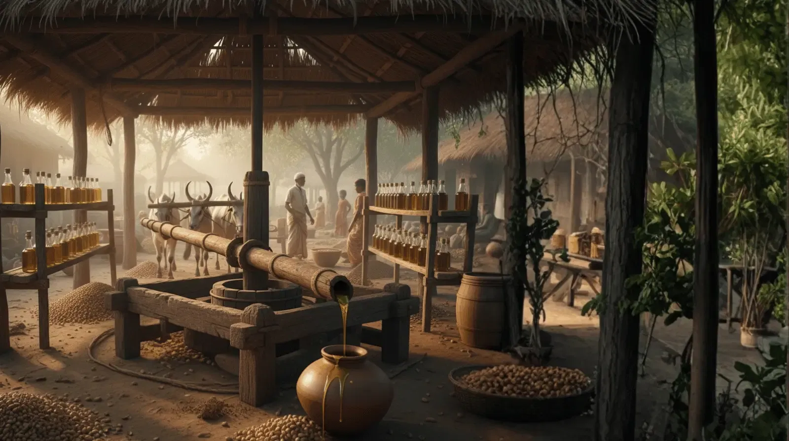 शेंगदाणा तेल व्यवसाय कसा सुरू करावा? – संपूर्ण मार्गदर्शक 1 Premium Cold-Pressed Peanut Oil In Glass Bottles, Rustic Wooden Press And Barrels, Golden Oil From Fresh Peanuts, Artisanal, Organic, Healthy, And Pure