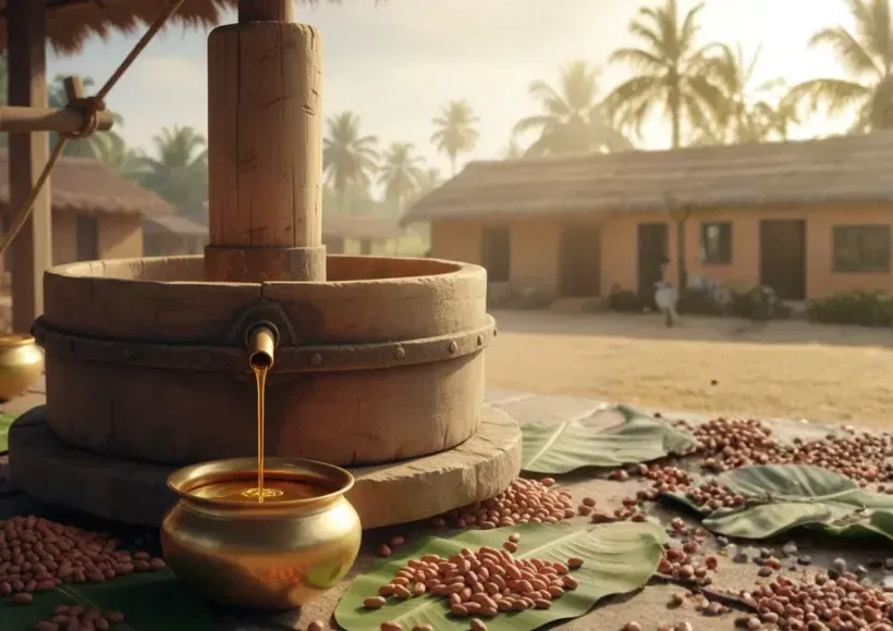 भारतातील प्रमुख शेंगदाणा तेल उत्पादक – थेट खरेदी करा 1 Cold Pressed Shengdana Tel (Peanut Oil) Extracted Traditionally In Tamil Nadu Using Marachekku Method – Healthy And Natural Oil Benefits.