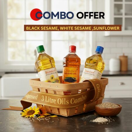 Cold pressed trio oil combo with sunflower, white and black sesame oils 1 litre each Cold pressed trio oil combo with sunflower, white and black sesame oils 1 litre each