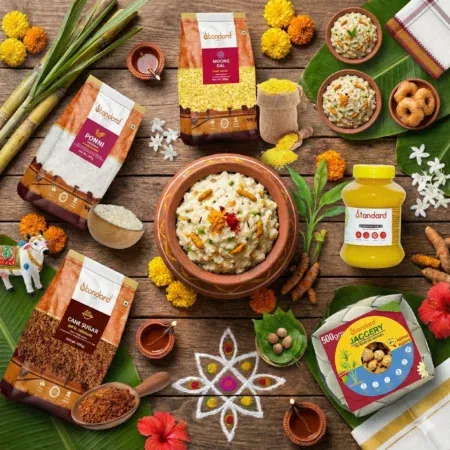 Ponni raw rice (500g), jaggery balls (500g), nattu sakkarai (500g), pure ghee (200ml glass jar), and moong dal (500g).