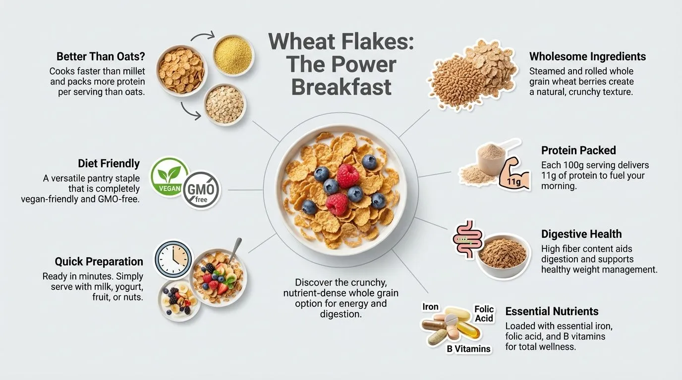 Wheat Flakes – Whole Grain Breakfast Cereal 200G 2 Wheat Flakes Power Breakfast Infographic Showing Protein, Fiber, Digestive Health Benefits And Essential Nutrients