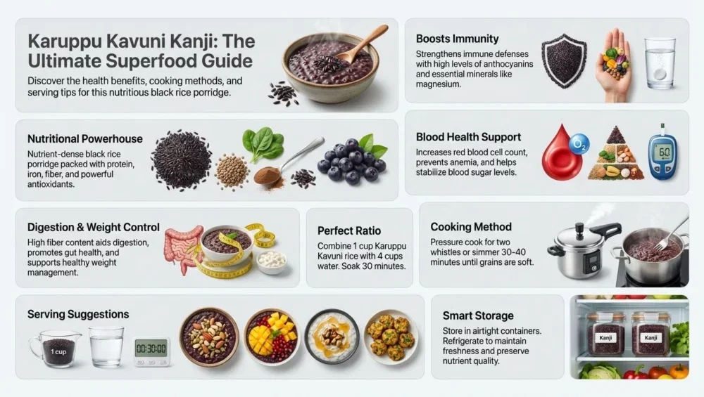 Karuppu Kavuni Kanji Infographic Showing Health Benefits, Nutrition, Cooking Method, Serving Suggestions, And Storage Tips Of Black Rice Kanji