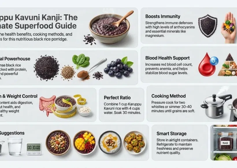 Karuppu Kavuni Kanji Infographic Showing Health Benefits, Nutrition, Cooking Method, Serving Suggestions, And Storage Tips Of Black Rice Kanji