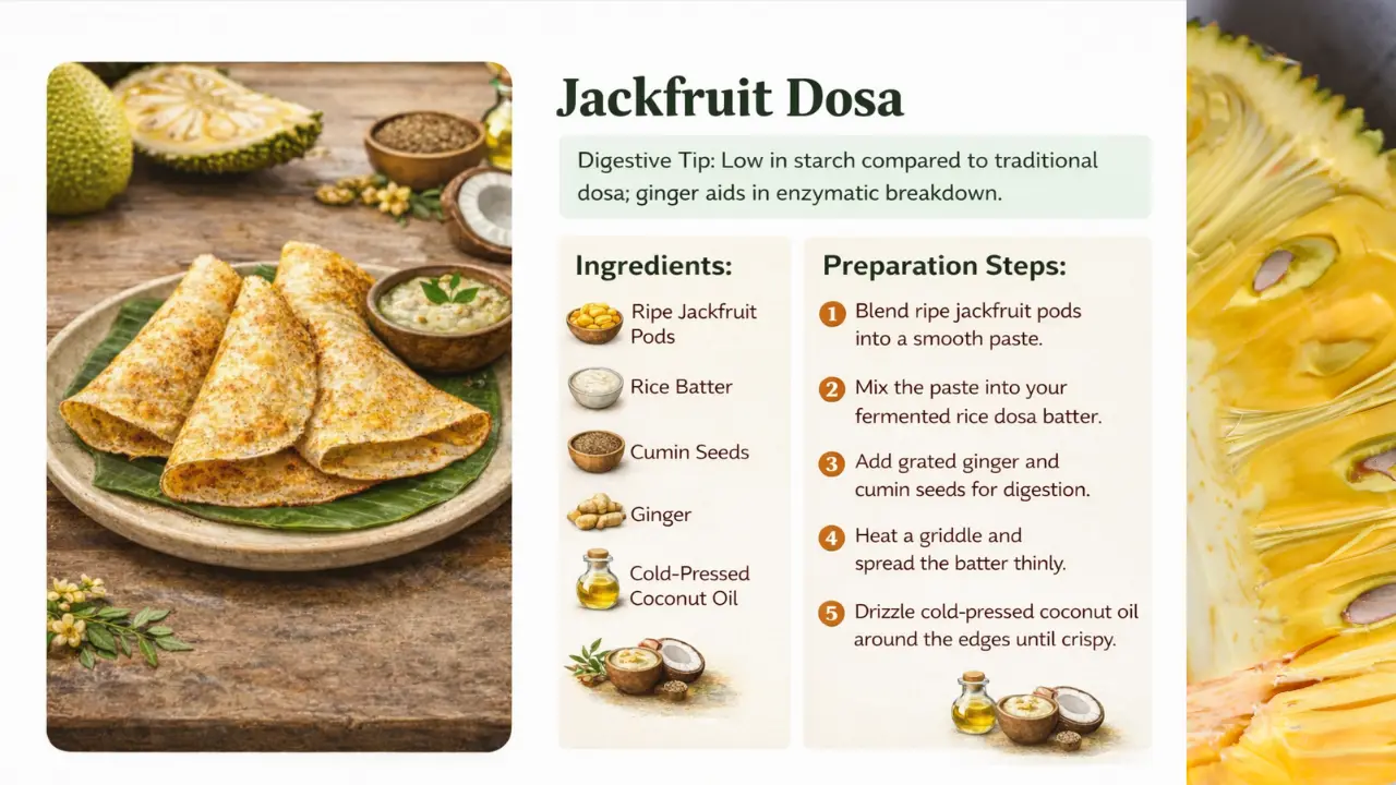 Healthy Jackfruit Dosa Made With Ripe Jackfruit, Rice Batter, Cumin, Ginger, And Cold-Pressed Coconut Oil